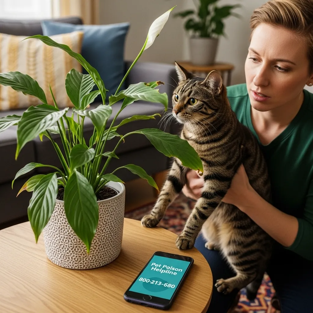 Cat owner holding a tabby cat near a chewed peace lily, with Pet Poison Helpline number displayed, highlighting the urgency of toxic plant ingestion.