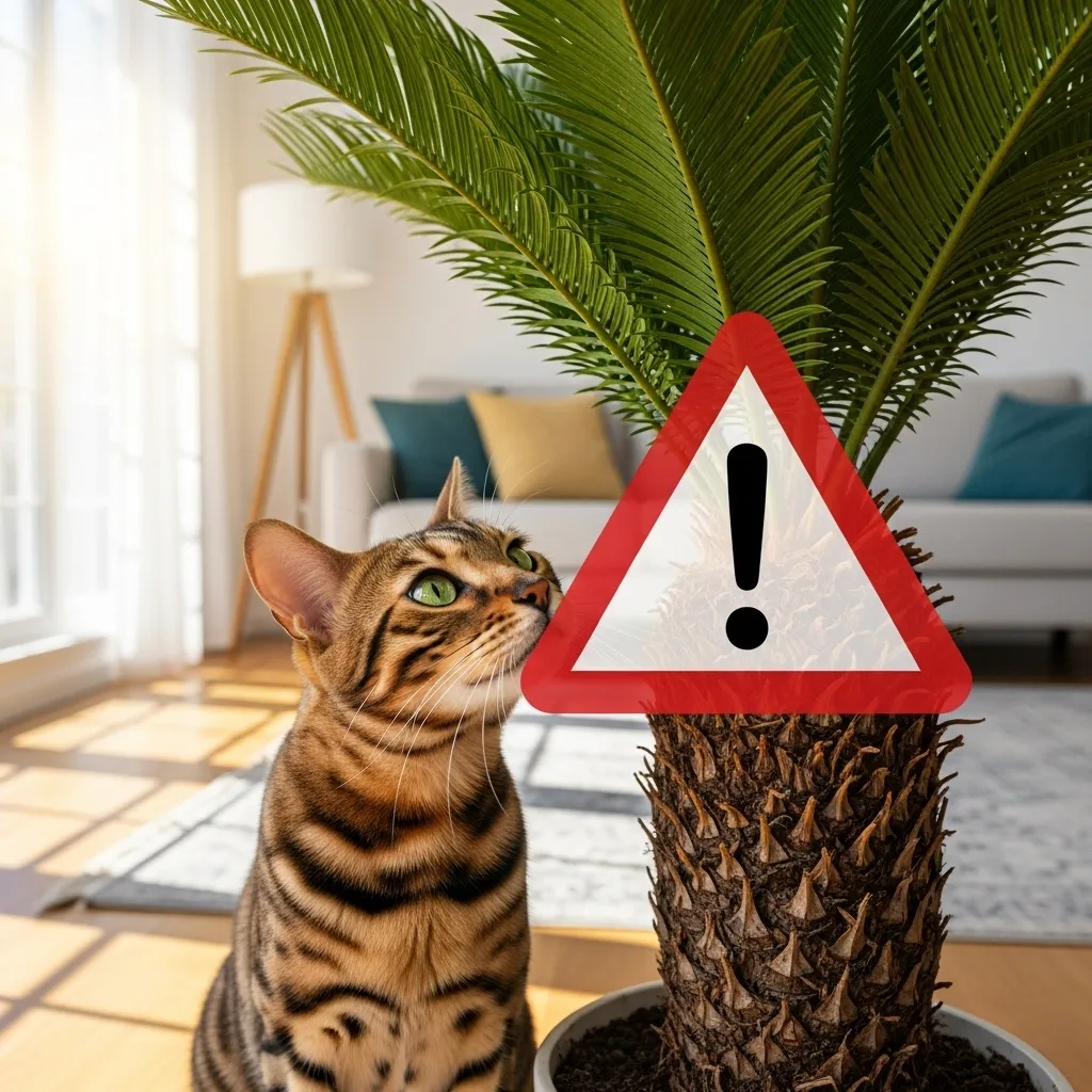 Bengal cat sniffing a toxic sago palm with a red warning symbol, highlighting risks of toxic plants for cats.