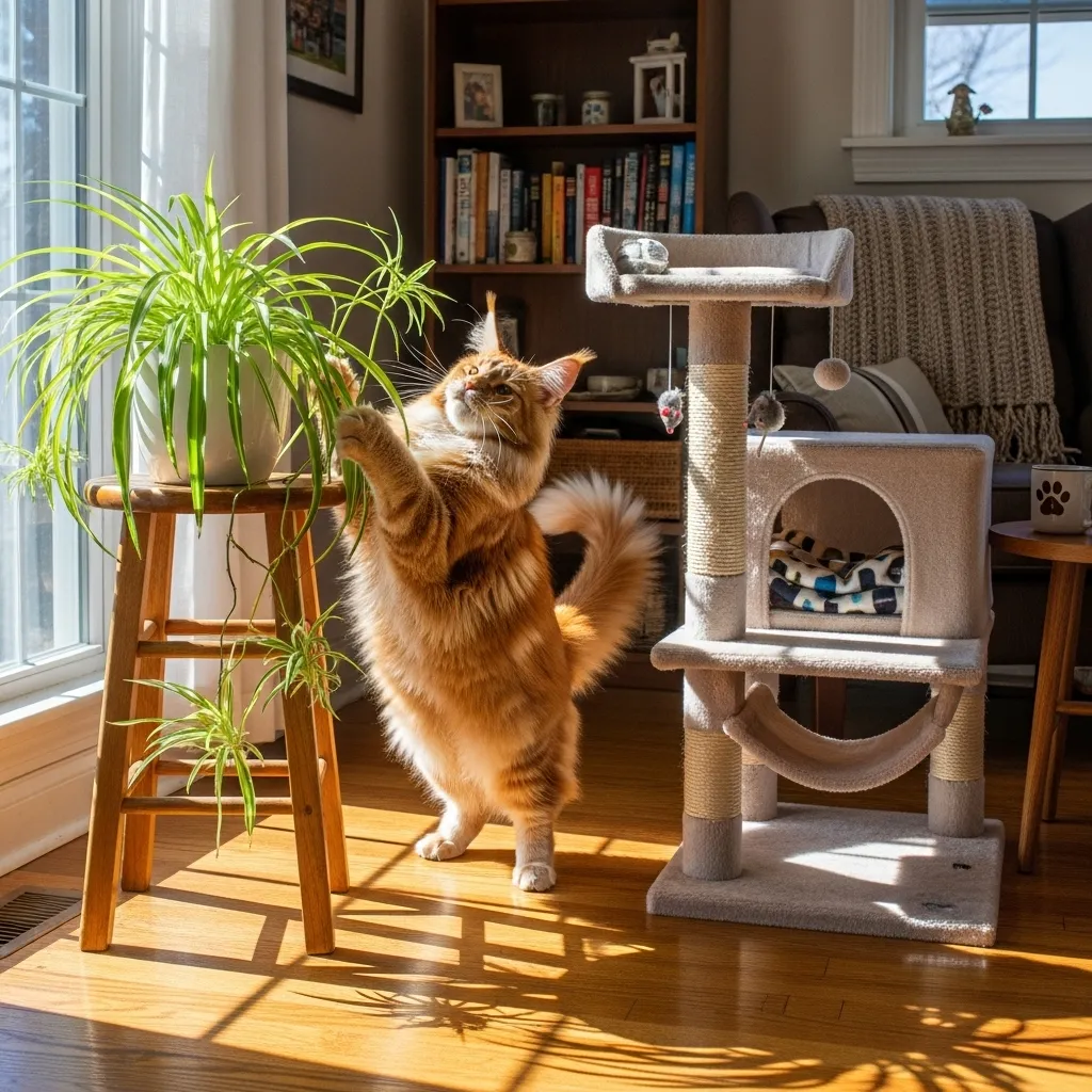  Maine Coon cat playing with a non-toxic spider plant, showcasing safe plants for cats in a cozy home.