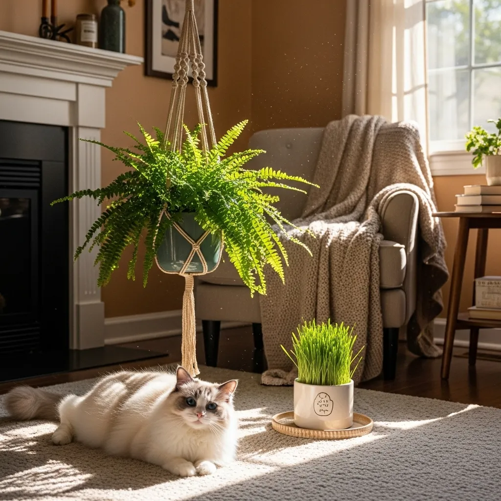 Ragdoll cat relaxing near a Boston fern and cat grass, demonstrating safe plants for cats in a pet-friendly home.