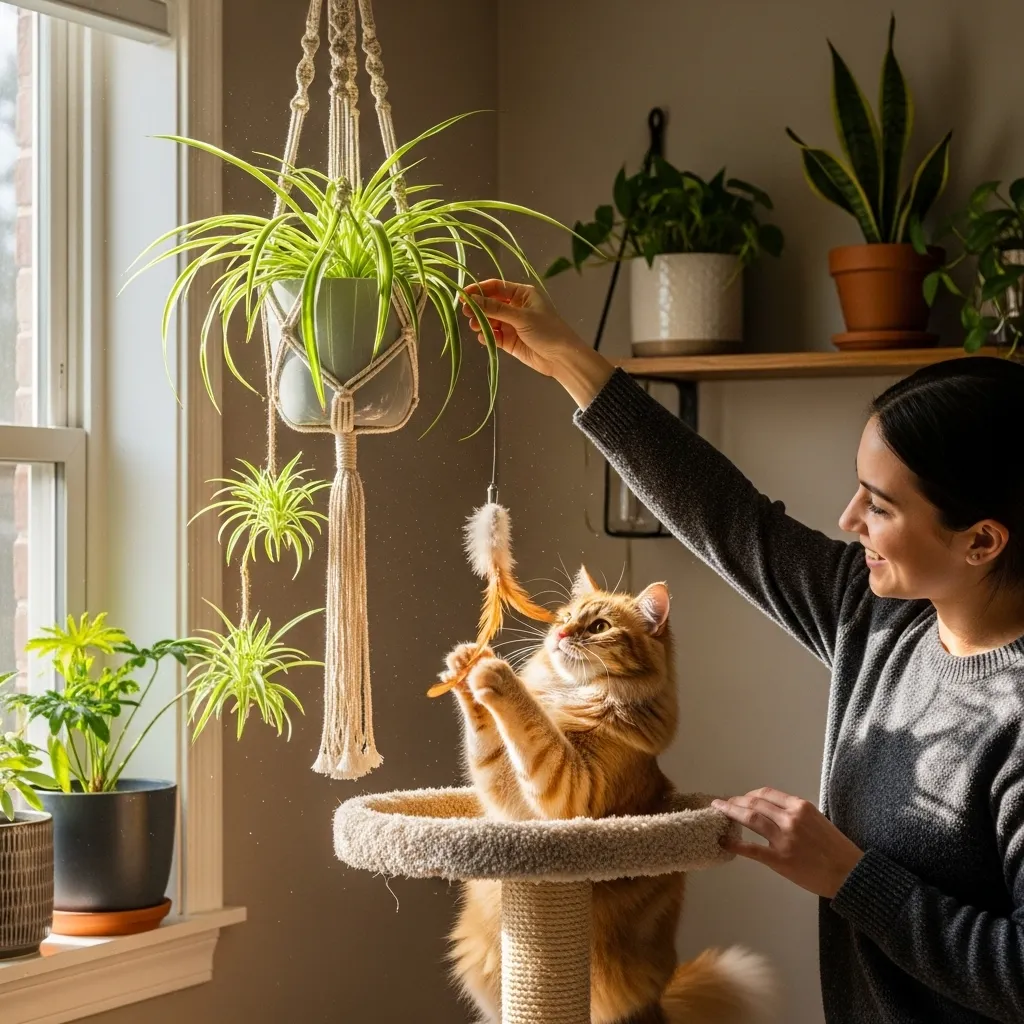 Cat owner hanging a spider plant out of reach, with a cat playing safely below, showing how to prevent cat poisoning.