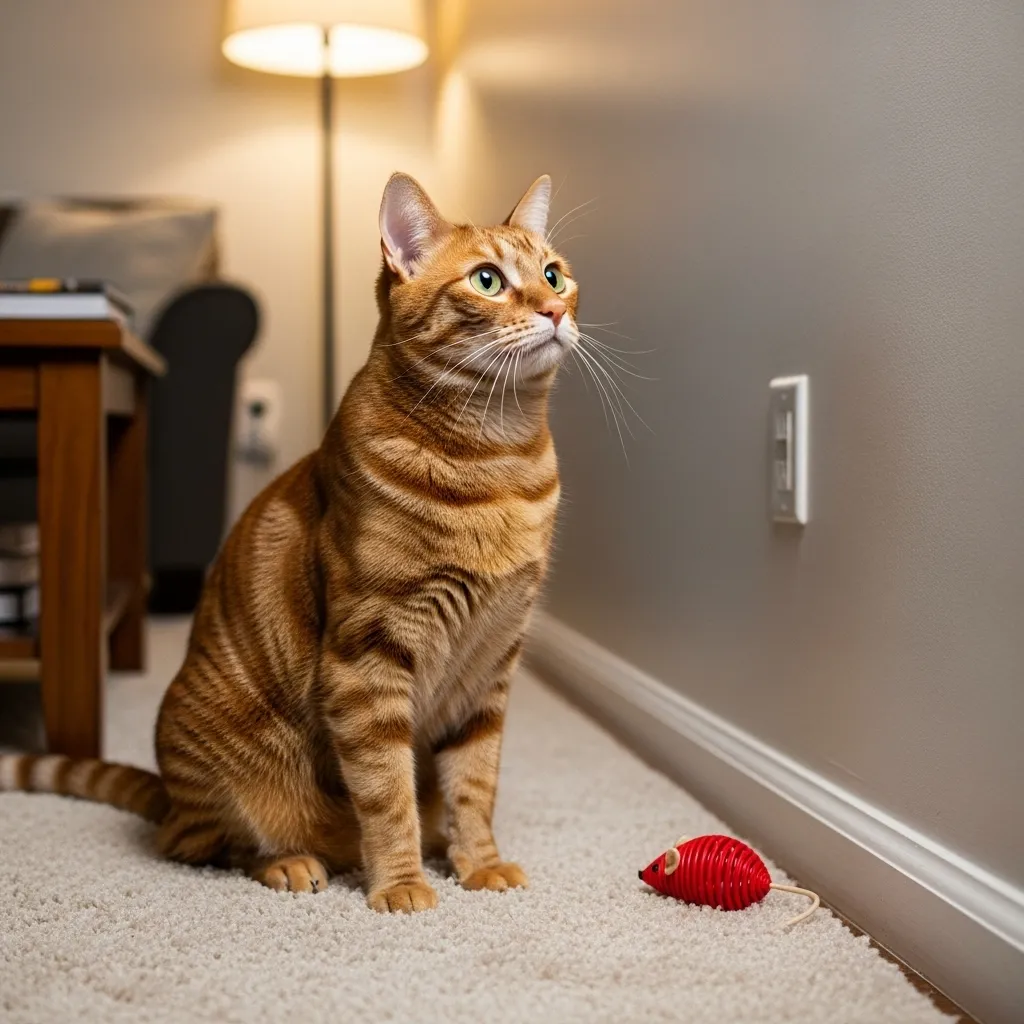 Curious tabby cat staring Meow  at a wall, showcasing typical cat wall behavior in a cozy home setting.