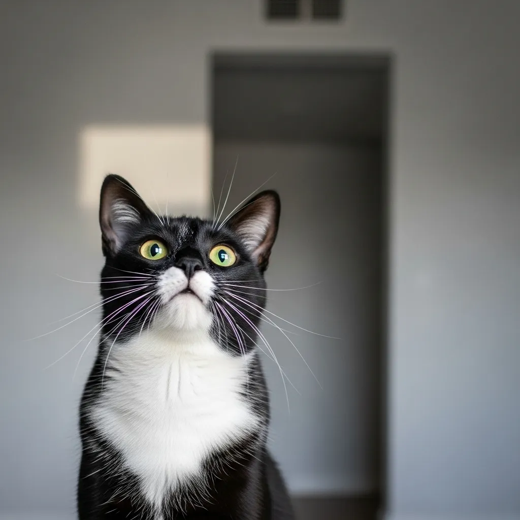  Black-and-white cat with alert ears staring at a wall, likely reacting to unseen stimuli like sounds or shadows.