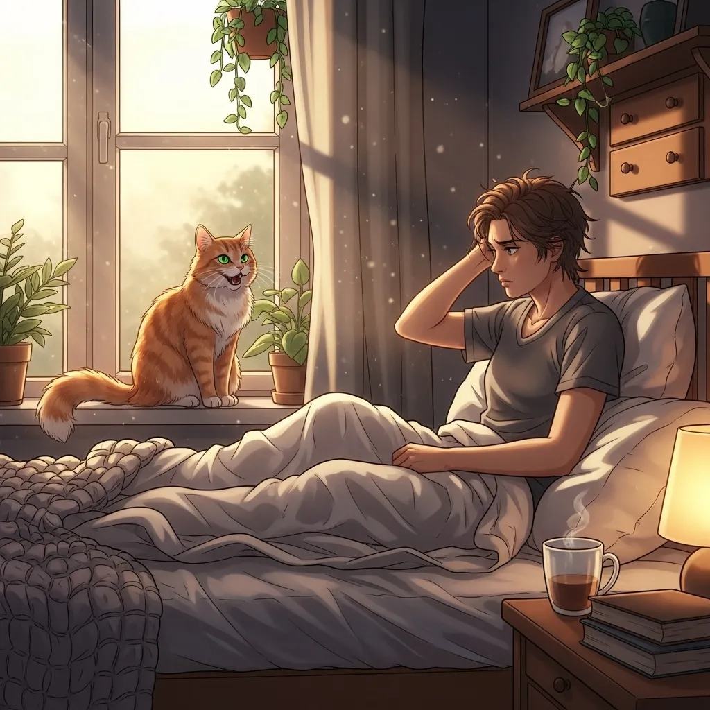 Cat meowing in the morning on a windowsill, waking up owner in a cozy bedroom.