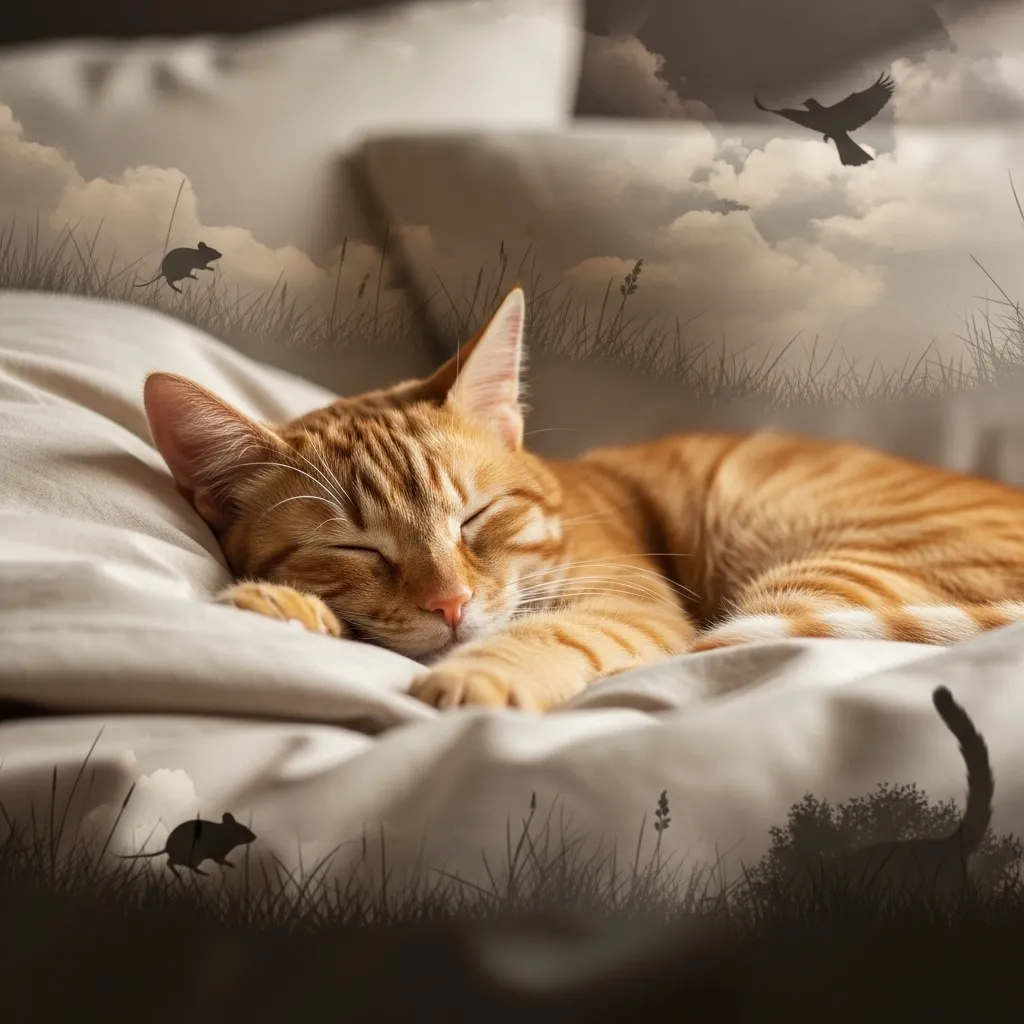 Cat in REM sleep twitching on a plush bed, illustrating feline sleep cycle and dream-induced meowing.