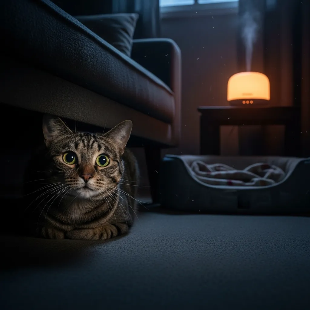 Stressed cat under couch with Feliway diffuser, showing solutions for cat anxiety at night.