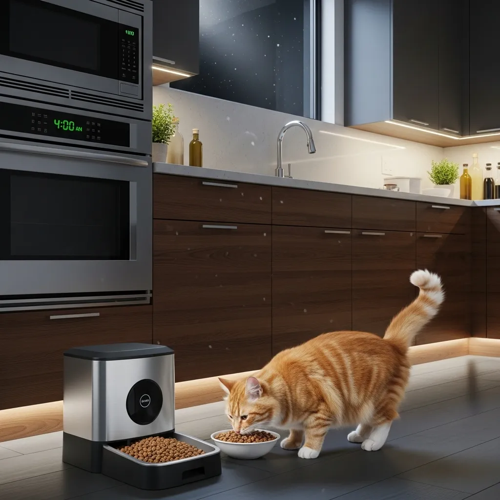  Automatic cat feeder dispensing food at night, helping stop cat meowing in the morning.