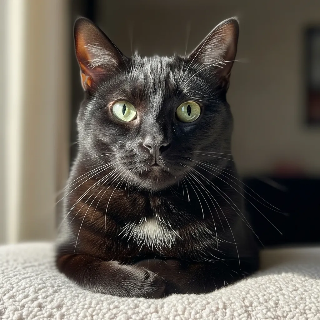 Why Does My Black Cat Have White Hairs 1 Black cat with white hairs on coat, sitting on a blanket, highlighting feline coat changes.