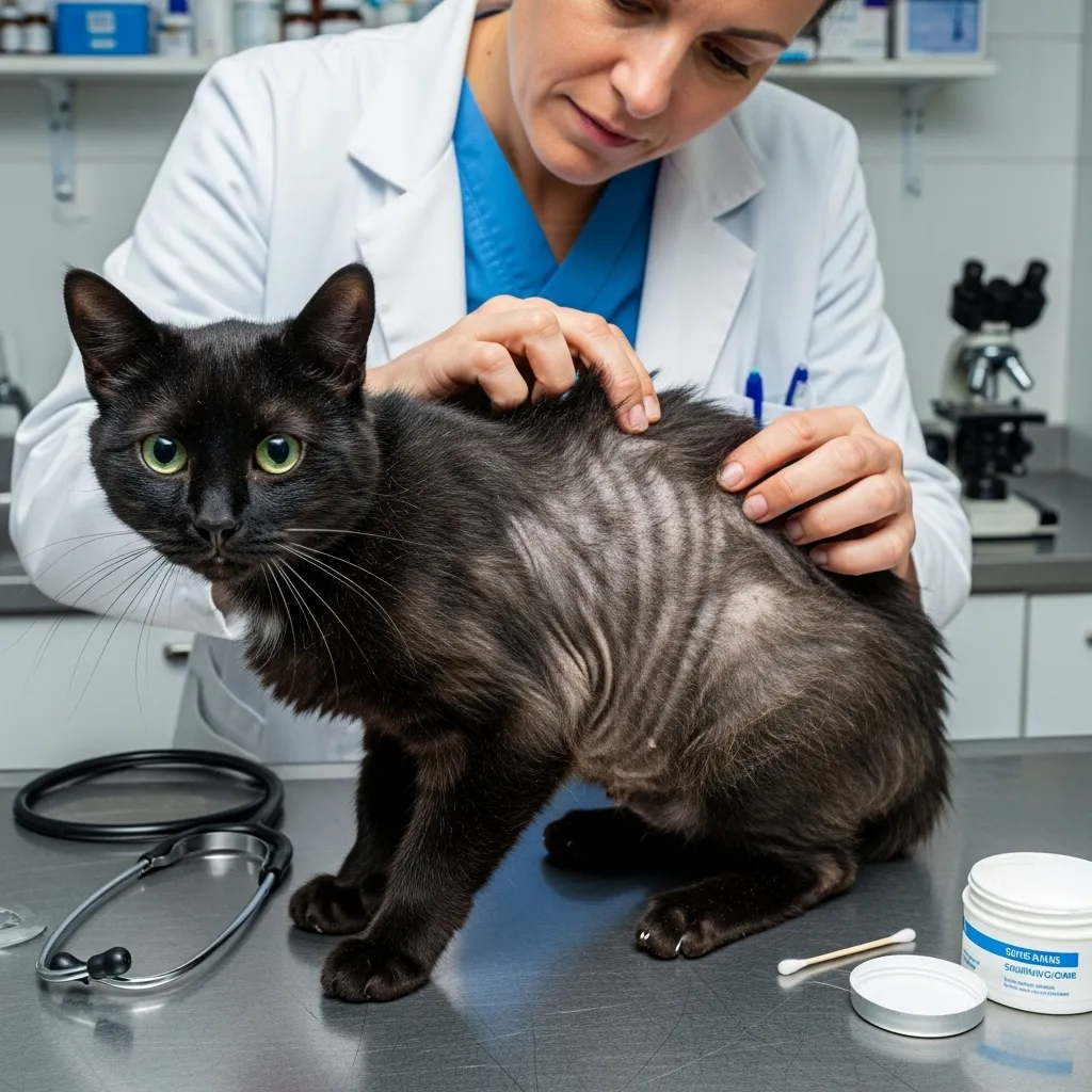 Why Does My Black Cat Have White Hairs 4 Black cat at vet visit, showing signs of hormonal coat changes.