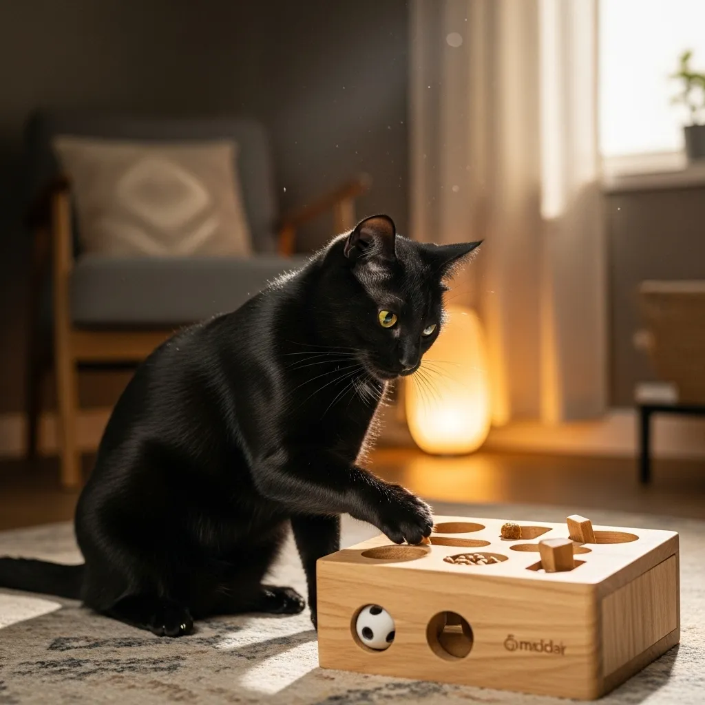 Why Does My Black Cat Have White Hairs 5 Black cat with puzzle feeder, reducing stress to maintain coat health.
