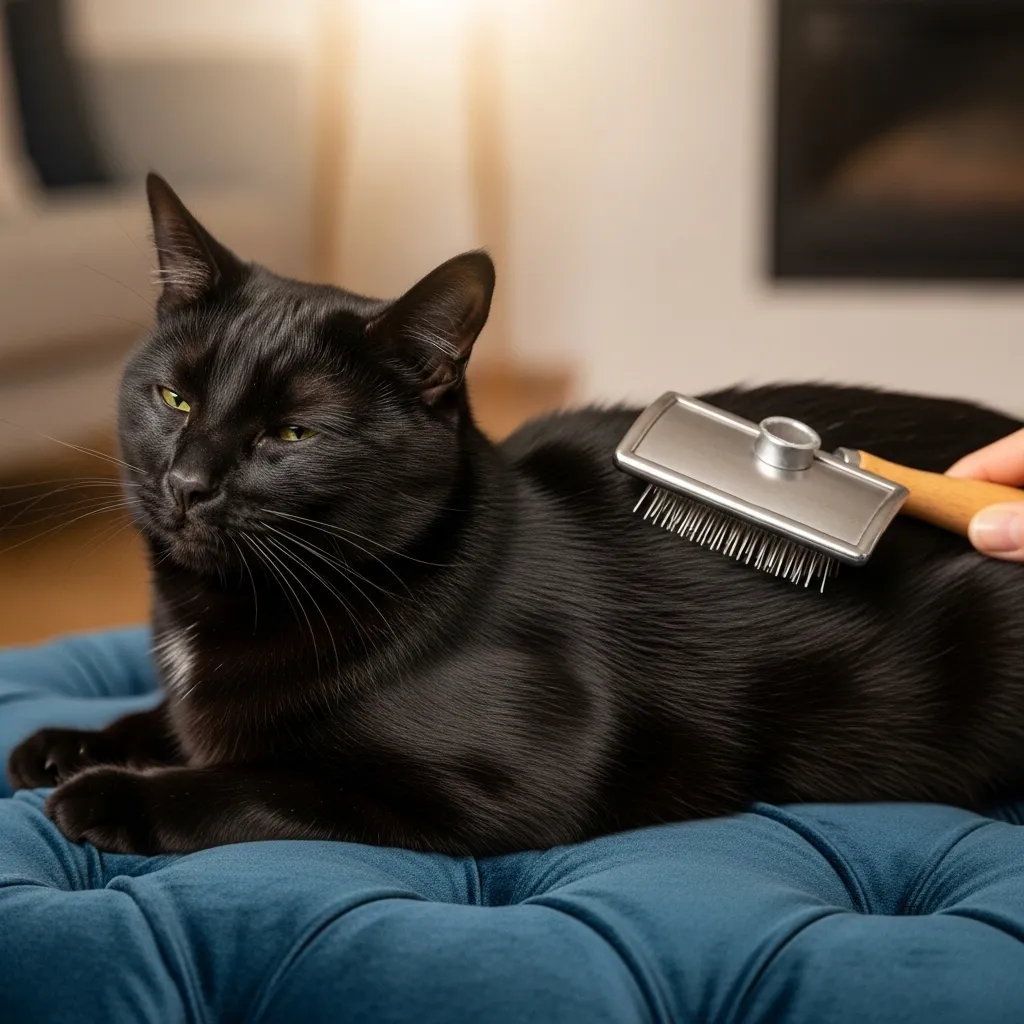 Why Does My Black Cat Have White Hairs 6 Black cat being brushed, promoting healthy cat fur maintenance.