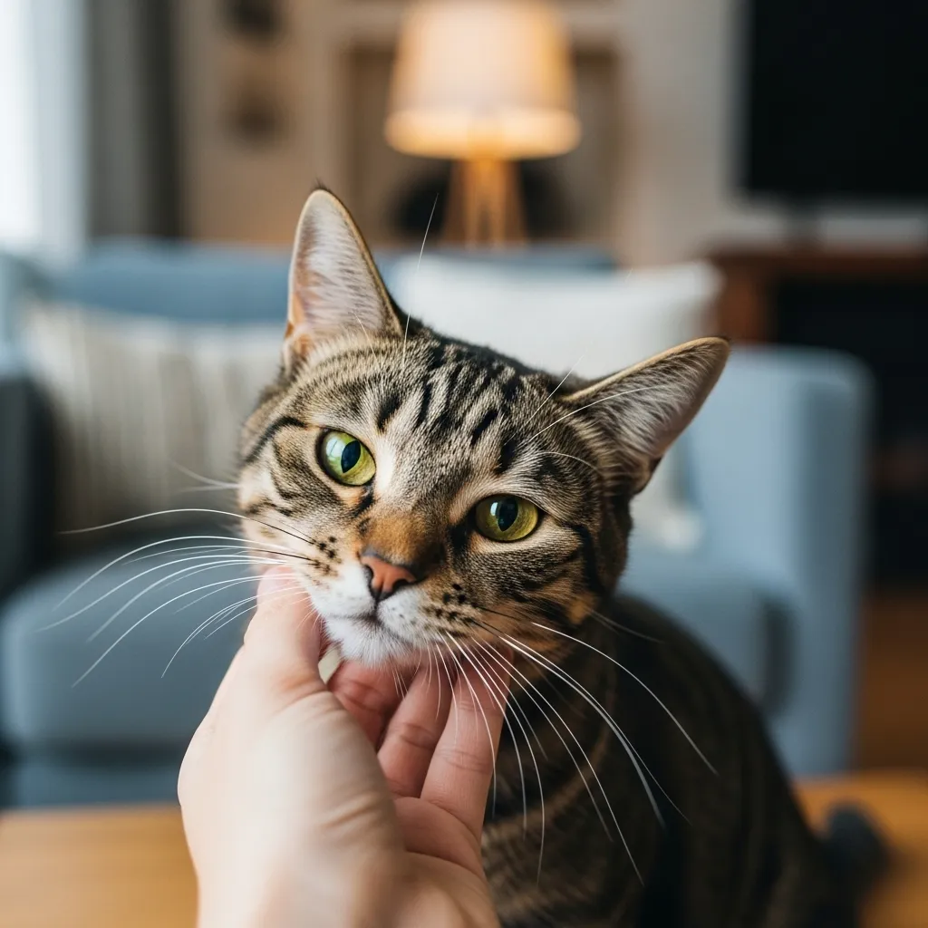 abby cat headbutting a person’s hand, showcasing feline affection and bonding.