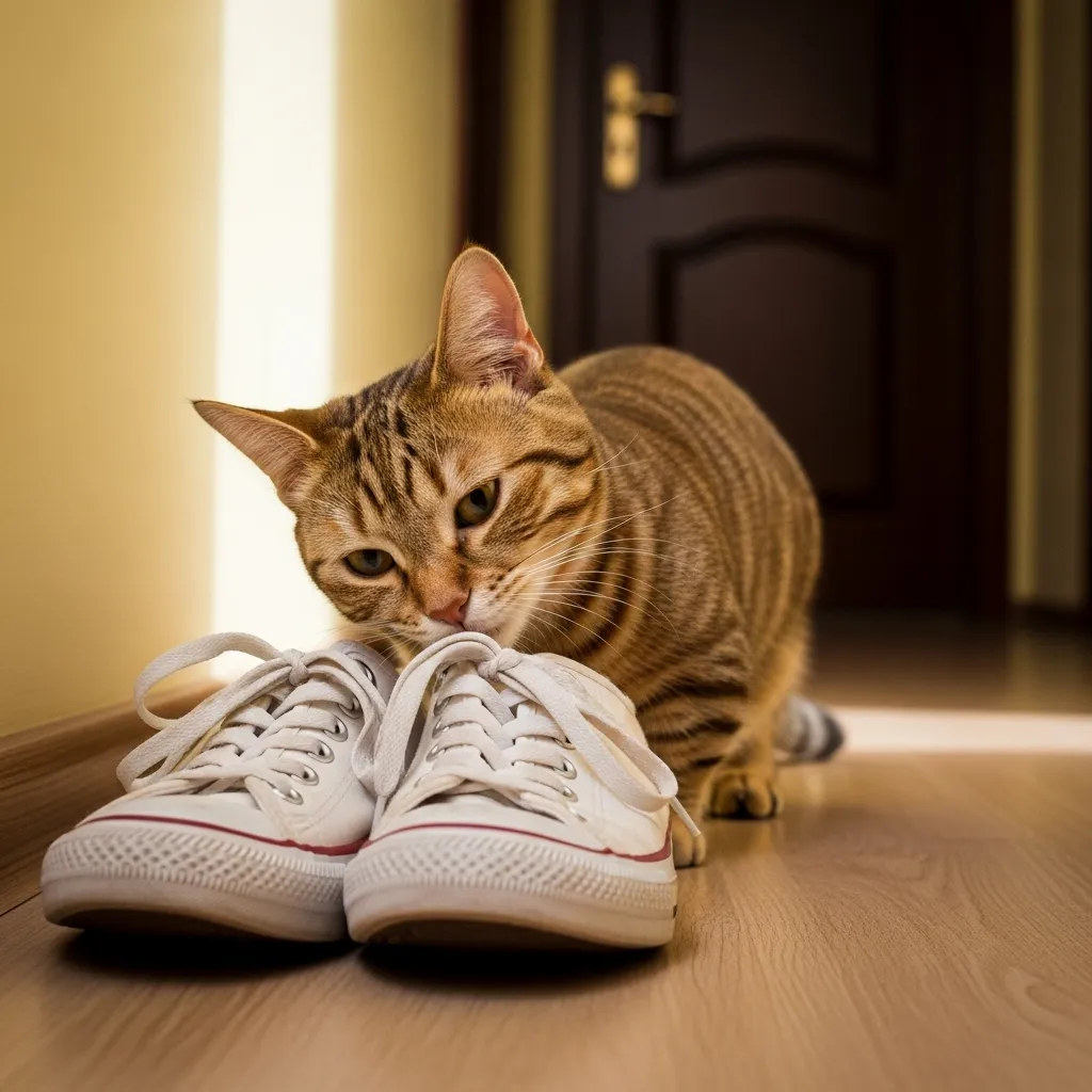 Munchkin cat headbutting sneakers, exploring scents, and gathering information.