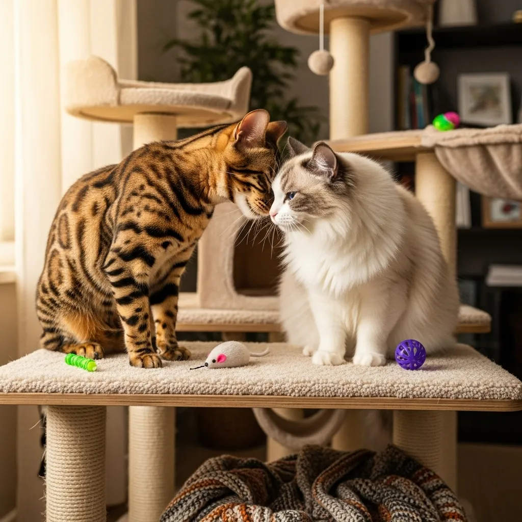  Bengal and Ragdoll cats headbutting, creating a shared scent in a multi-cat home.