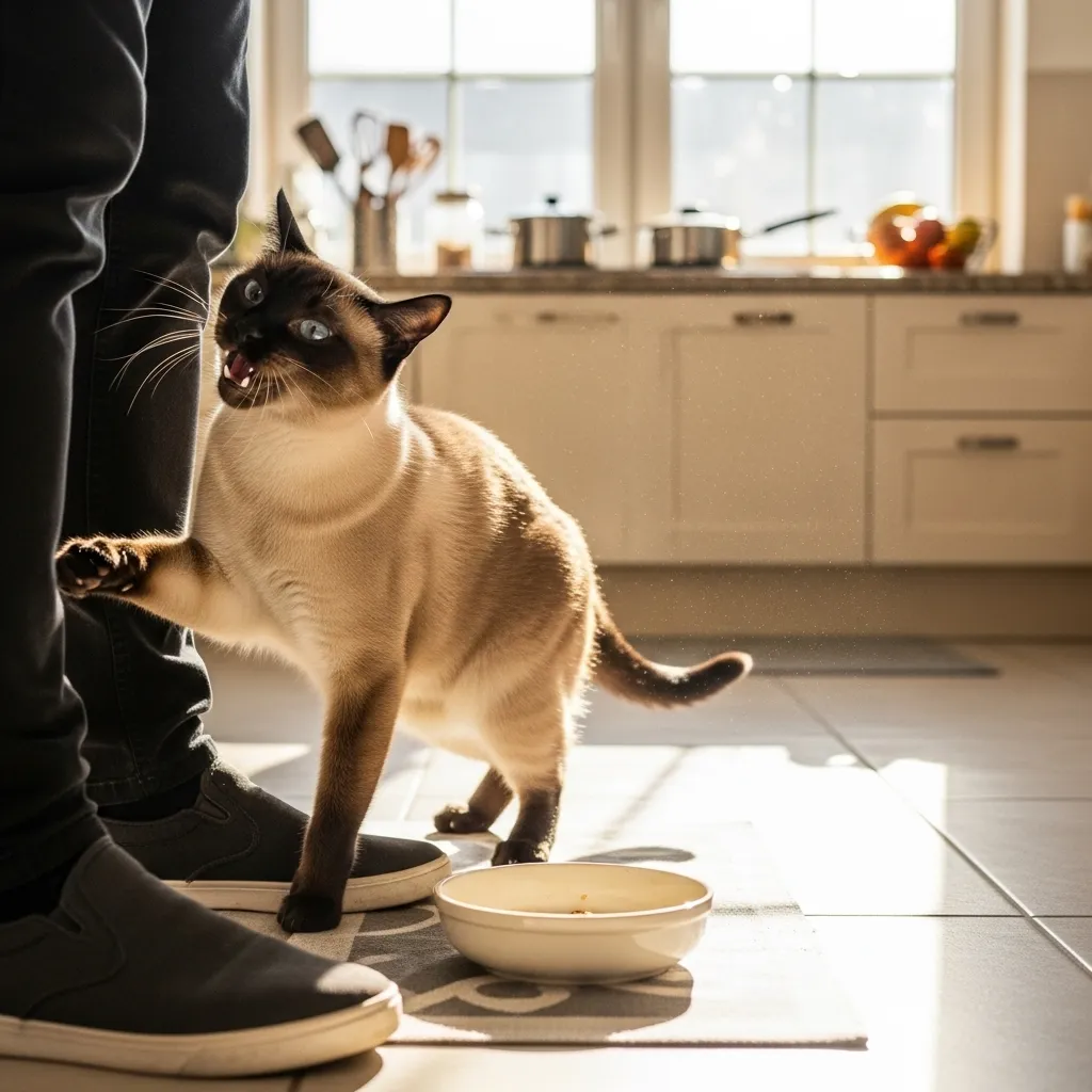  Siamese cat headbutting a person’s leg, signaling hunger near a food bowl.