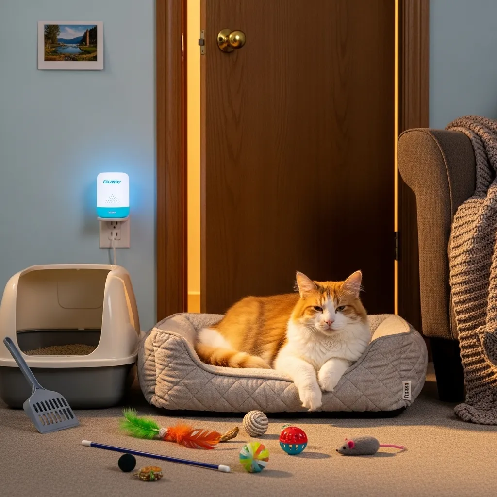 Stray cat in a cozy safe room with litter box and toys, ready for the cat separation phase during introduction.