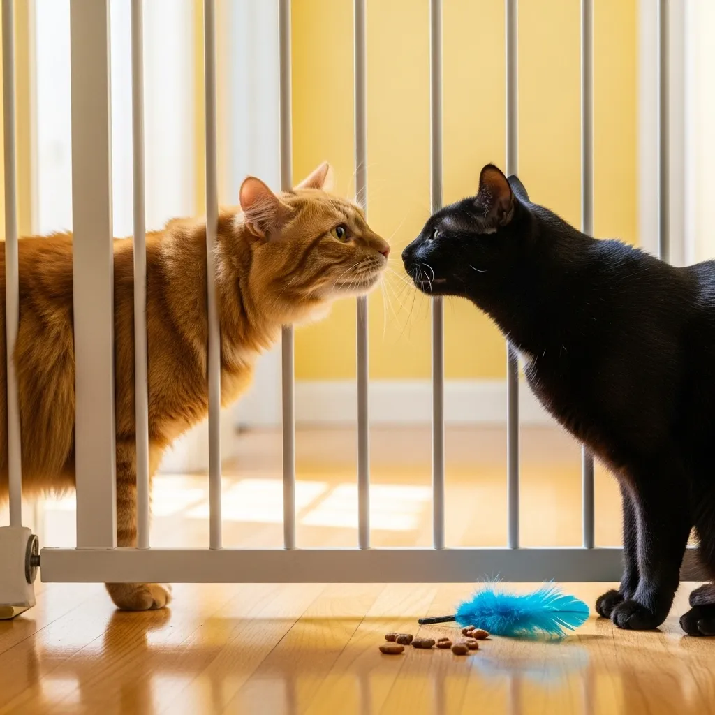 Two cats meeting through a baby gate during a supervised visual introduction, with treats nearby for positive reinforcement.