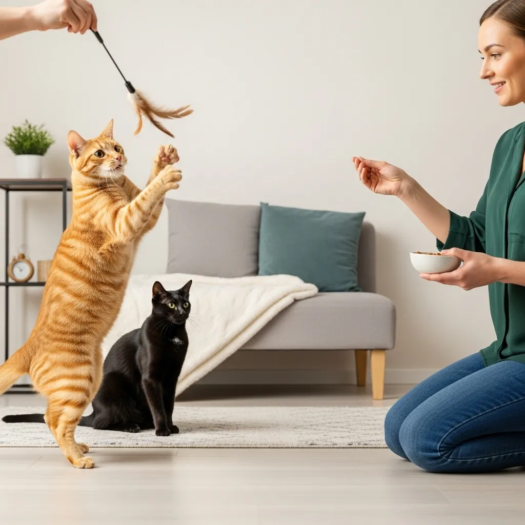 Supervised a cat meeting with one cat playing and another observing, using positive reinforcement with toys and treats.