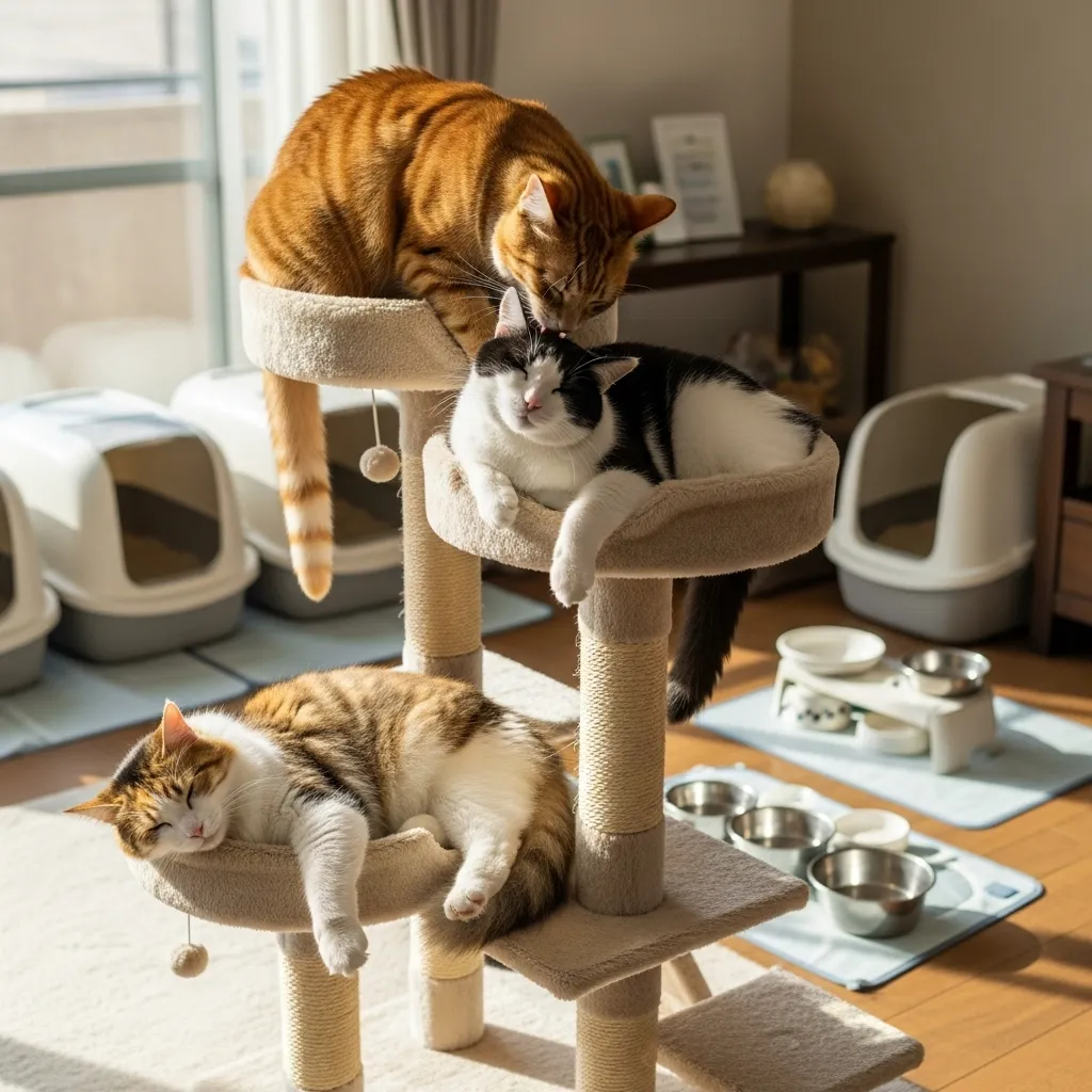Three cats peacefully sharing a cat tree in a multi-cat household, showcasing successful cat integration.