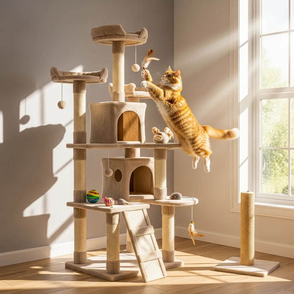 Cat enjoying indoor cat enrichment on a cat tree, reducing cat hair pulling behavior.