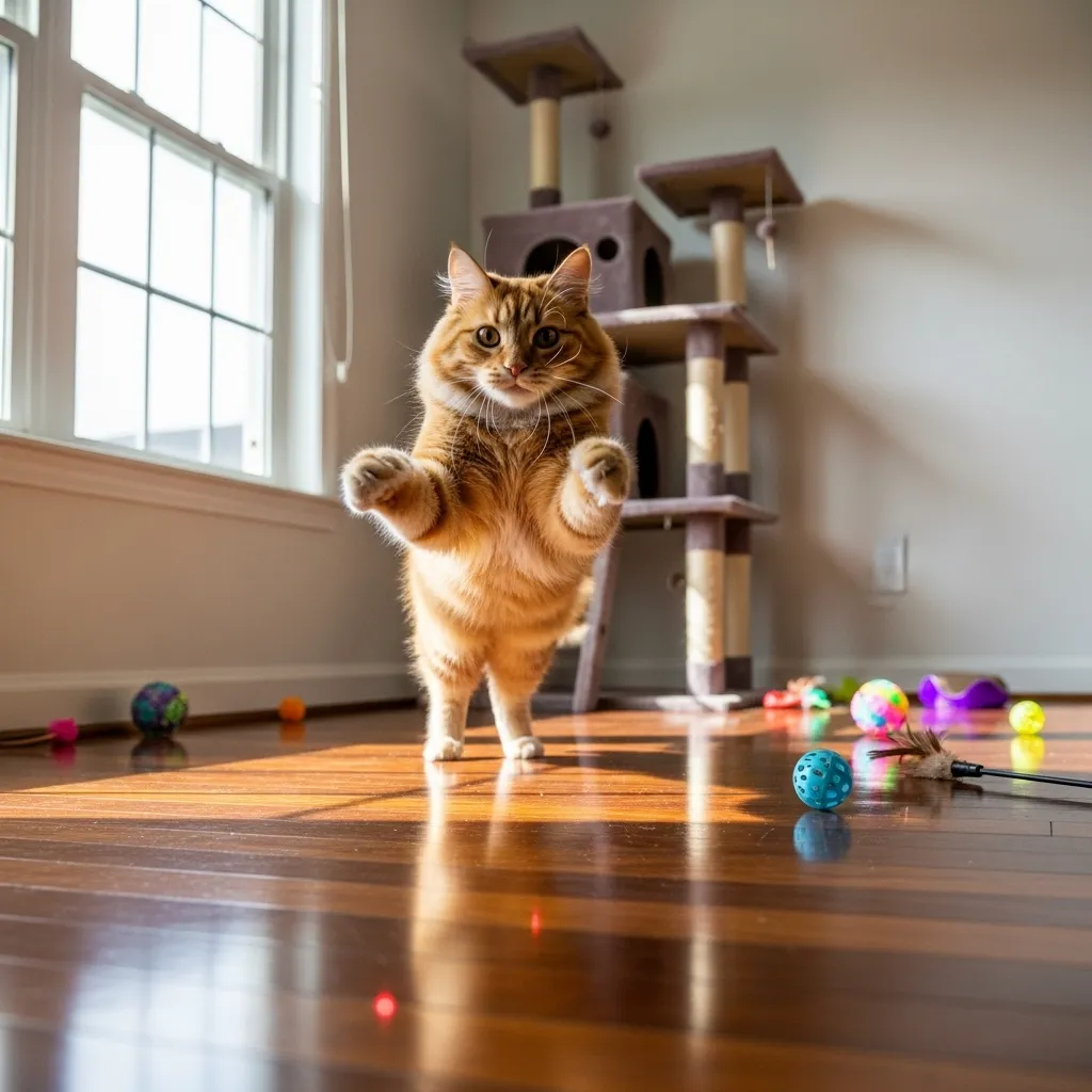 Cat playing with a laser pointer, engaging in indoor cat enrichment to stop cat hair pulling.