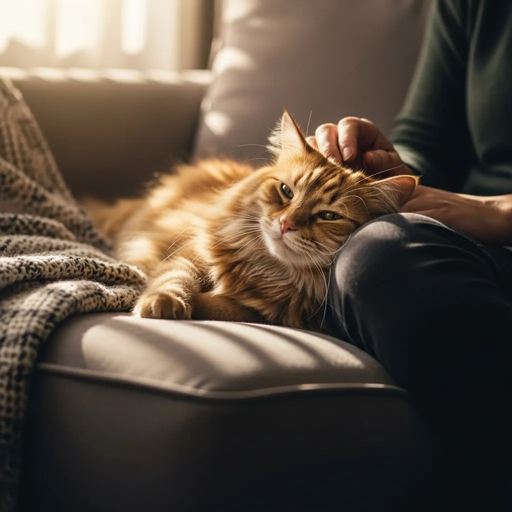 Person petting a relaxed cat on a couch, showcasing cat purrs and bonding.