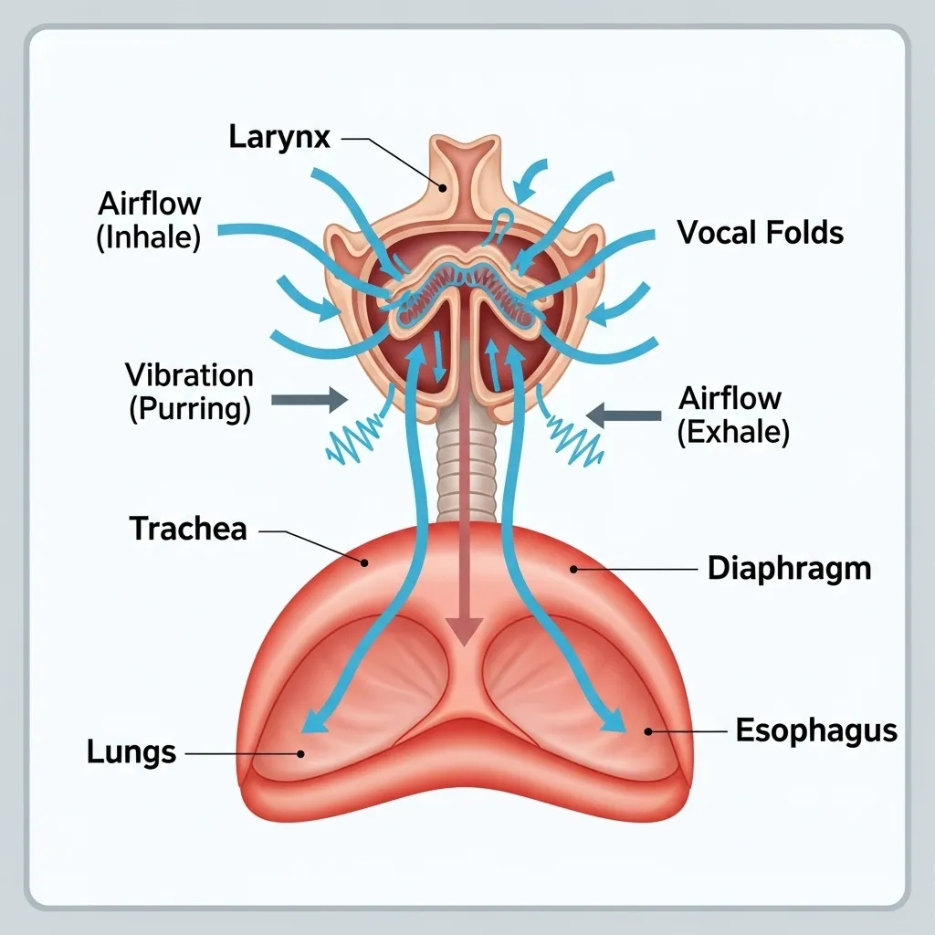 Diagram of cat larynx and diaphragm illustrating how cats purrs.