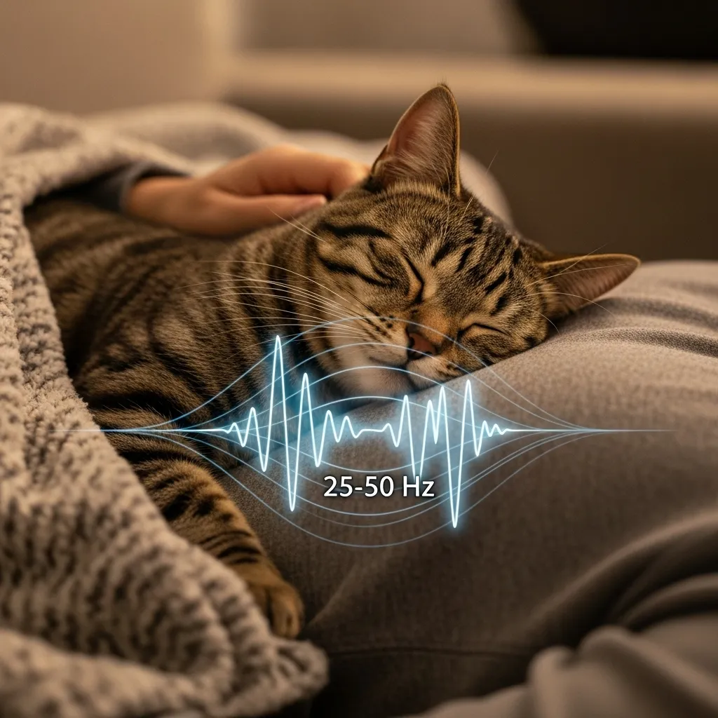Cat purring on owner’s chest with soundwave overlay, illustrating the healing power of cat purrs.