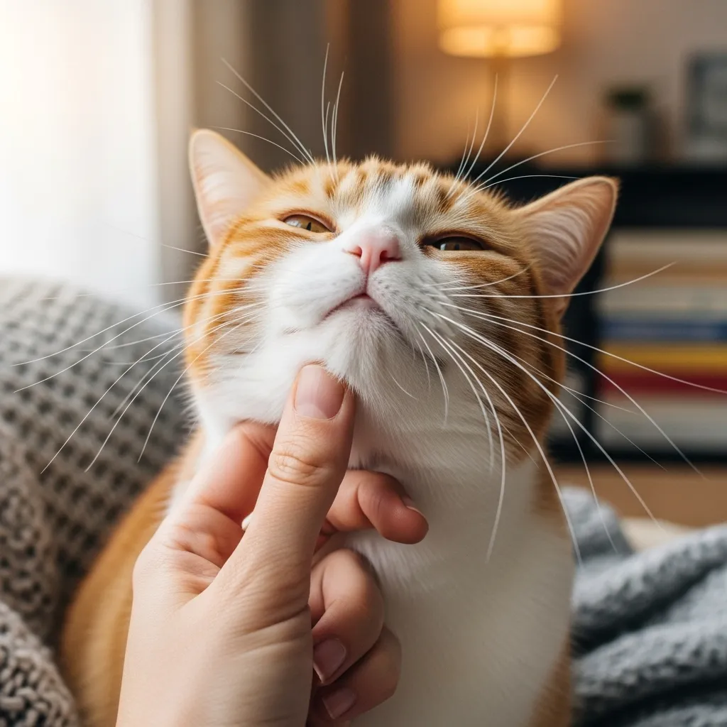 Hand scratching cat’s chin, highlighting how petting affects cat purrs.