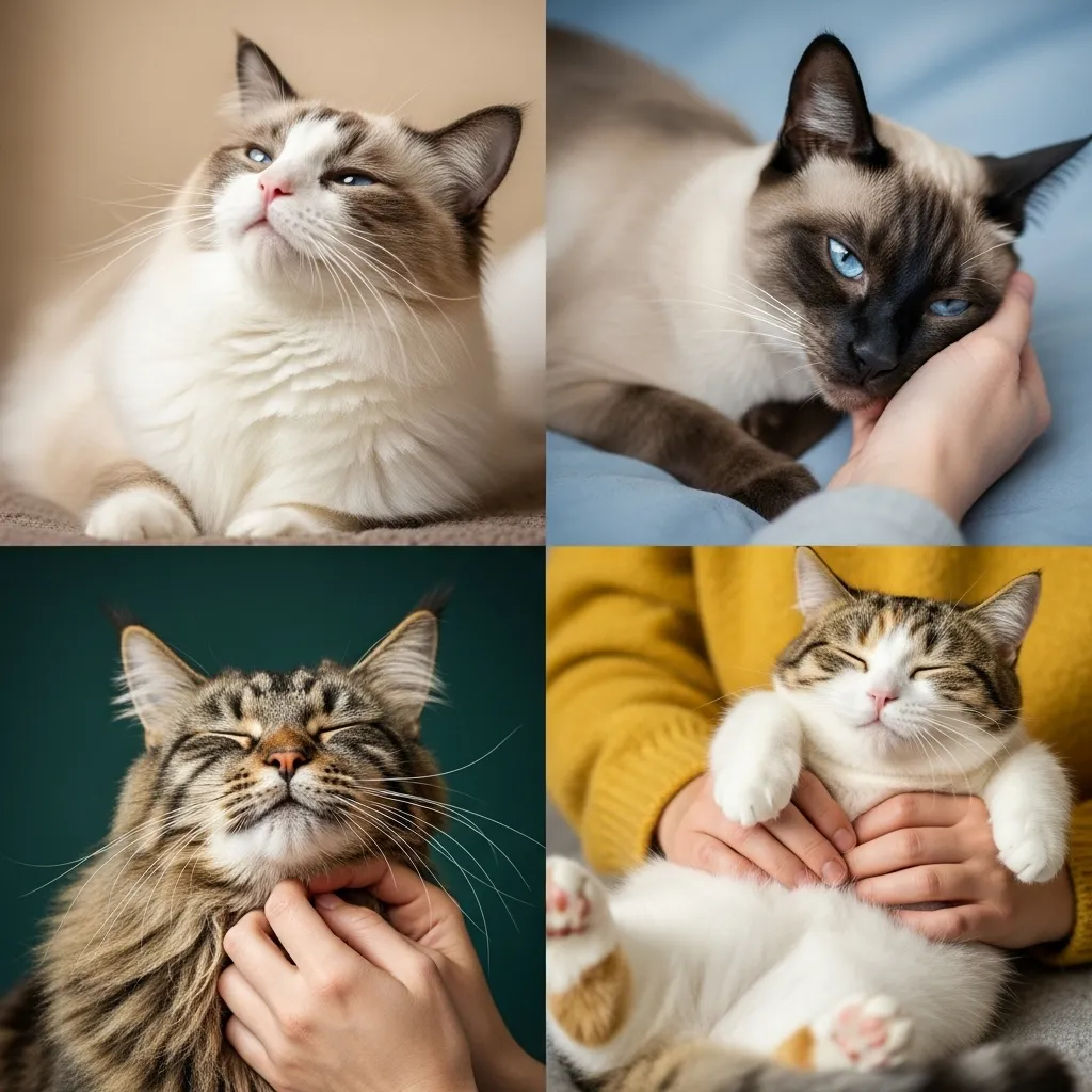 Collage of Ragdoll, Siamese, Maine Coon, and Munchkin cats purring, showing breed-specific purring behaviors.