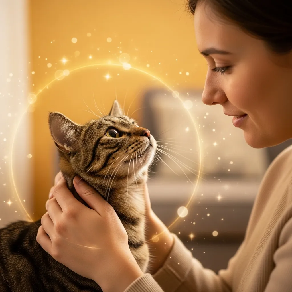 Cat and owner sharing a loving moment, emphasizing cat purring and bonding.