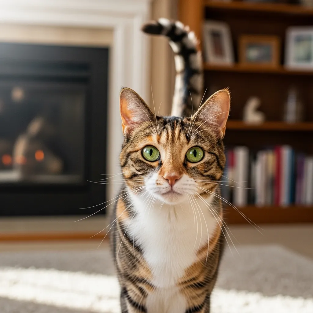 Healthy cat with upright tails in cozy home, highlighting cat tail health.