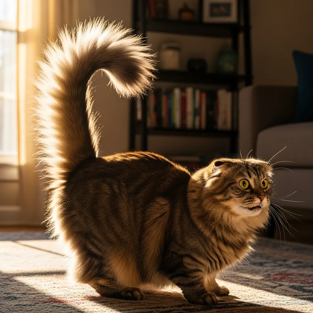  Cat with puffed-up tail showing feline tail communication in a defensive stance.