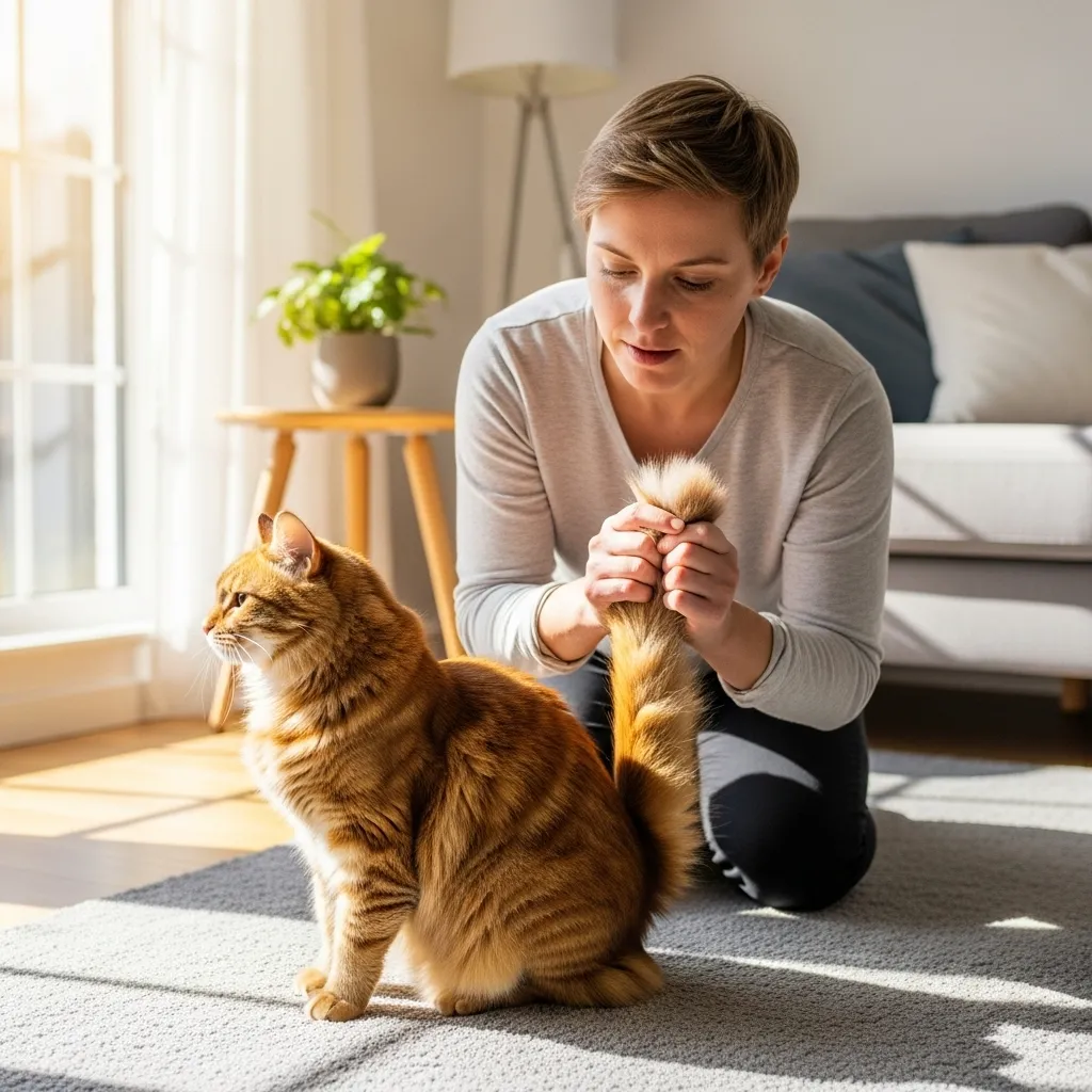 Cat owner checking for cat tail swelling and hair loss during grooming.