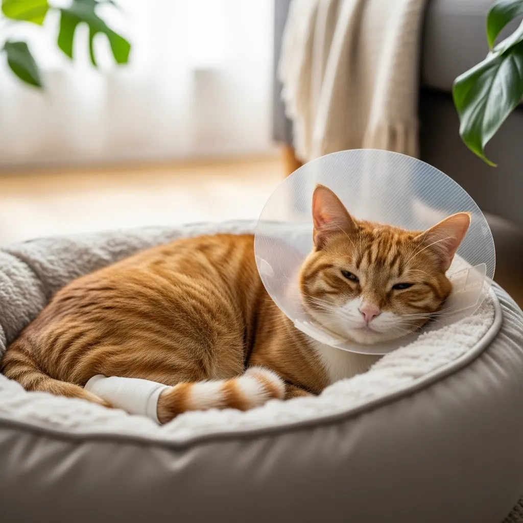 Cat recovering from tail injury in a cozy pet bed with an e-collar.