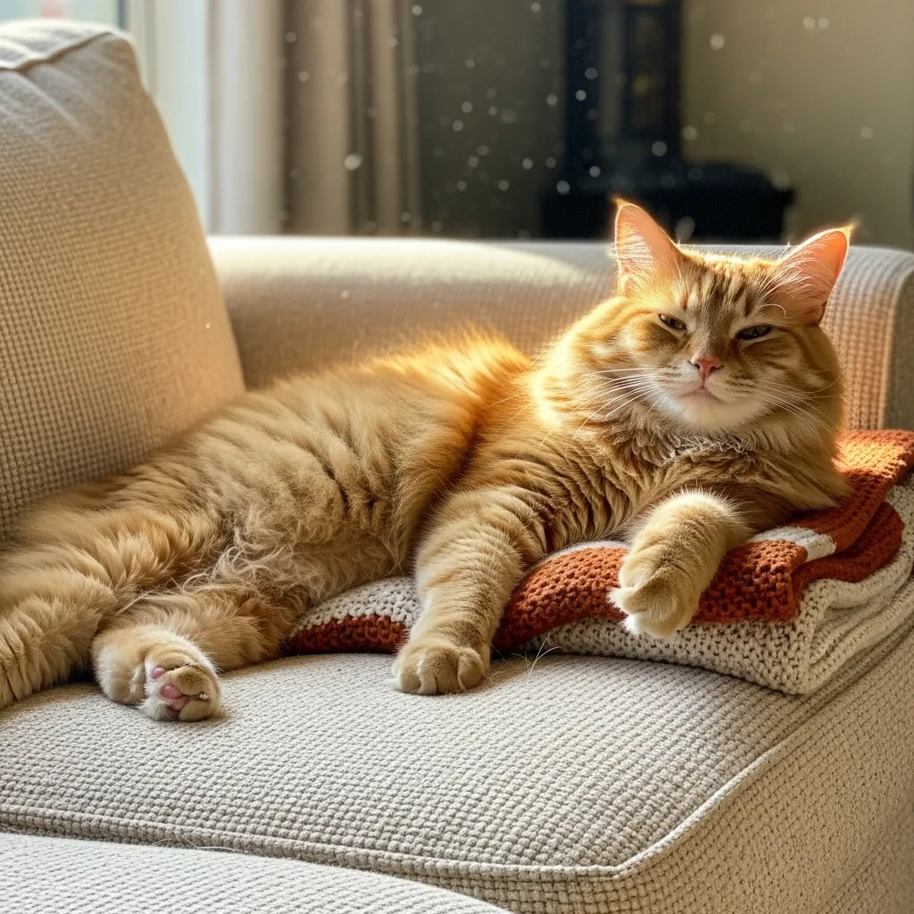 Fluffy cat stealing a cozy couch seat, showcasing feline behavior and warmth instinct.