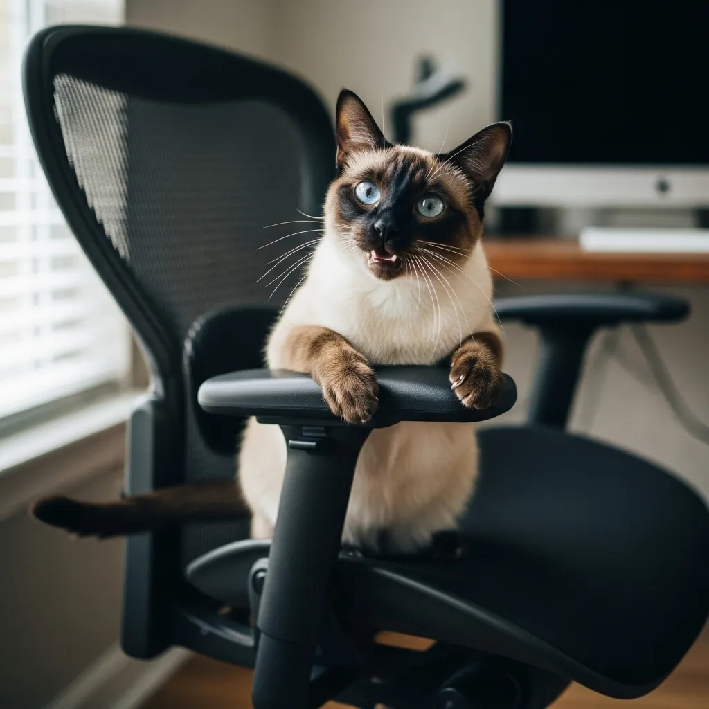  Siamese cat stealing an office chair, showcasing cat attention-seeking behavior.