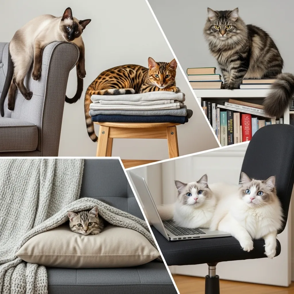 Collage of cat breeds stealing seats, illustrating Siamese, Bengal, Ragdoll, Munchkin, and Norwegian Forest Cat behaviors.