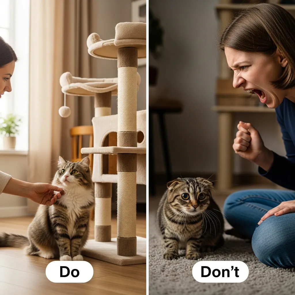 Split-image of cat redirection to a cat tree versus yelling, highlighting do’s and don’ts for seat-stealing solutions.