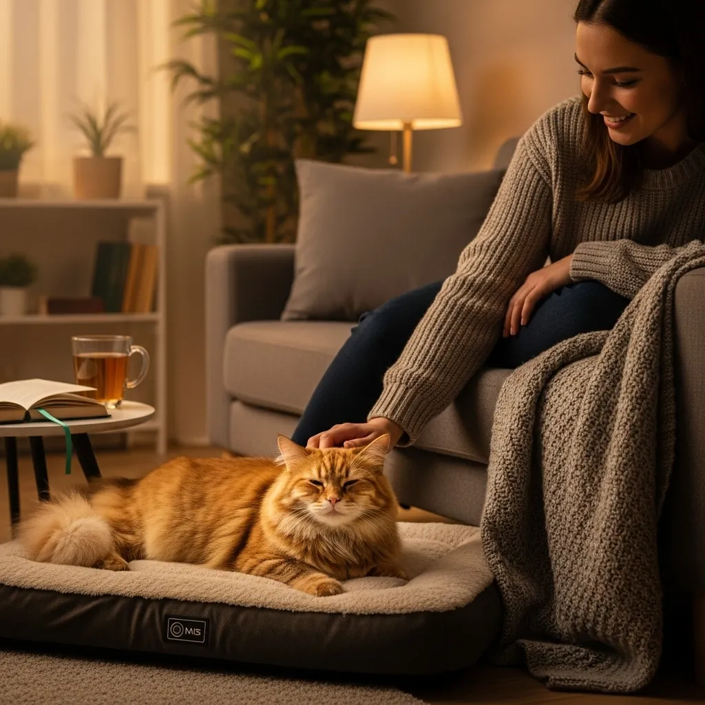 Cat and owner in harmony, with the cat on a heated bed and the owner on the couch, solving seat-stealing issues.