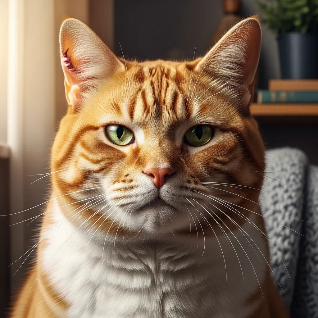 Tom cat with broad jowls and scarred ear, highlighting male cat traits.