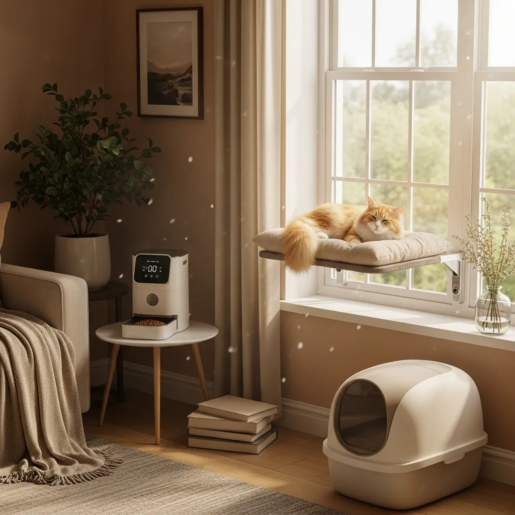 Cozy living room with a cat on a window perch, smart pet feeder, and automatic litter box, illustrating a safe setup for leaving cats alone.