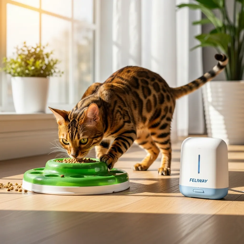 Bengal cat engaging with a puzzle feeder in a sunlit room, with a Feliway diffuser, showing ways to reduce cat loneliness and behavior issues.