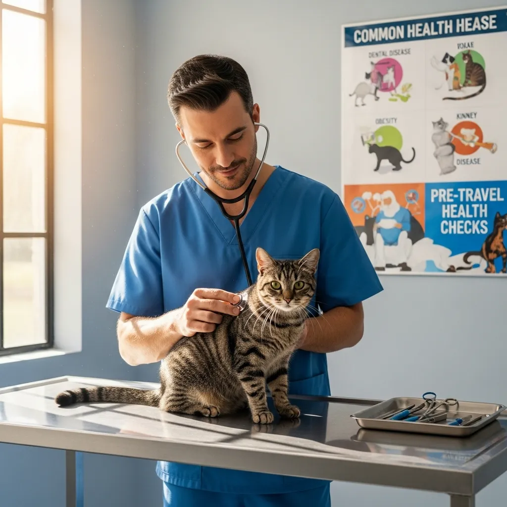 Veterinarian checking a cat’s health, with a chart of feline health issues, highlighting the need for vet visits before leaving cats alone.