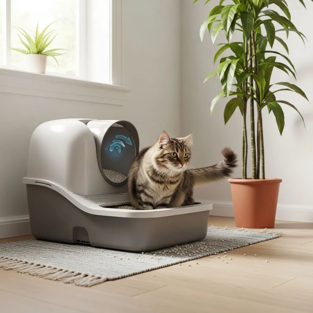  Cat using a clean automatic litter box in a quiet corner, demonstrating proper litter box care for leaving cats alone.