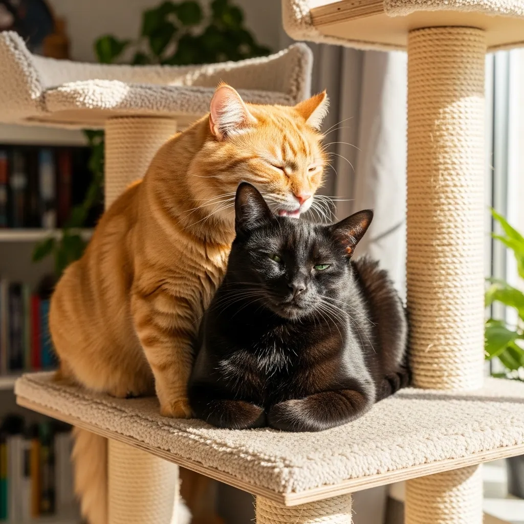 Two cats on a cat tree, one grooming the other, showing how companion pets help with cat loneliness when left alone.