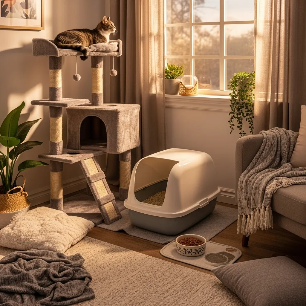 Cozy indoor space with cat tree and wet food bowl, showcasing ideal FIV-positive cat home care.