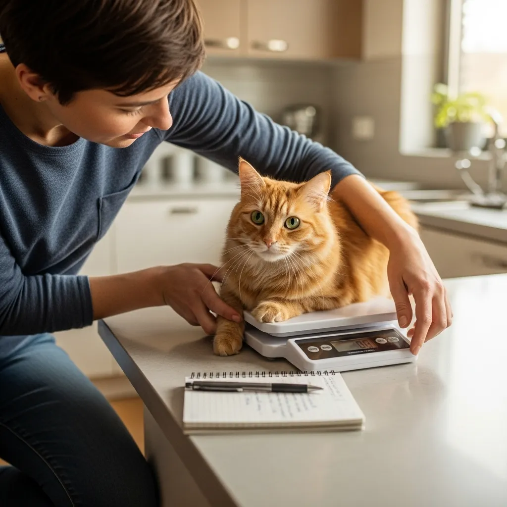 Person monitoring an FIV cat’s weight, illustrating quality-of-life tracking.