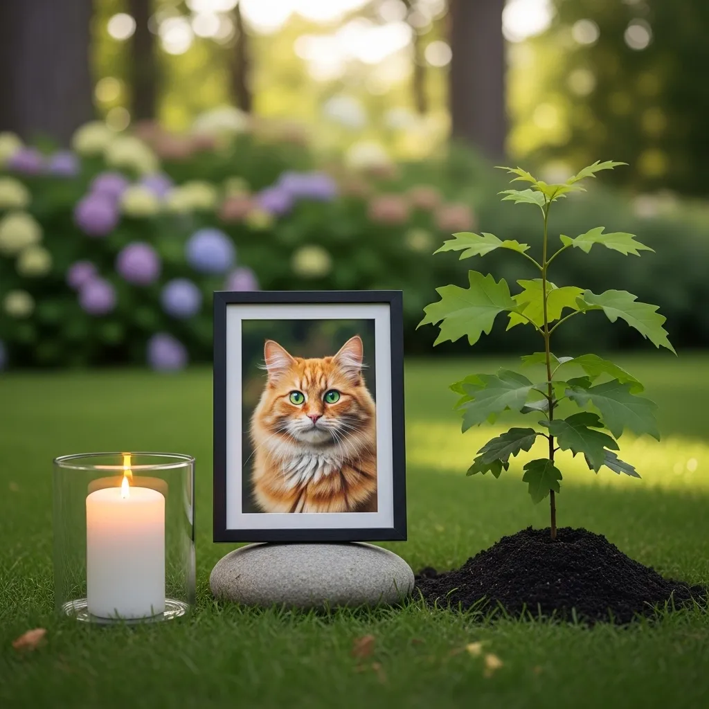 Cat memorial with photo and candle, symbolizing pet loss and remembrance.