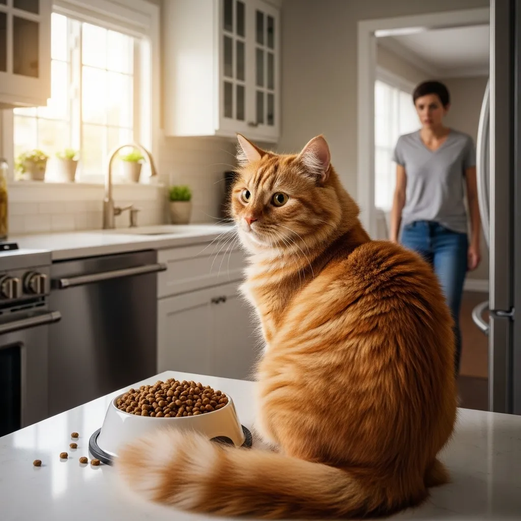  Fluffy cat ignoring food bowl in cozy kitchen, highlighting why is my cat not eating concern.